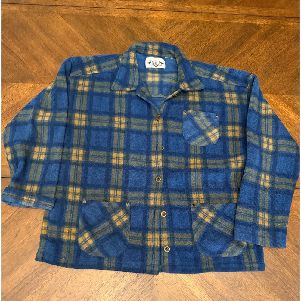 Ride Snowboards Vintage Fleece Plaid Button Up Shirt Jacket Blue Tan Mens XL